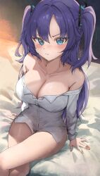 Rule 34 | 1girl, absurdres, angel setsuna, bed sheet, blue archive, blue eyes, blush, breasts, buttons, cleavage, closed mouth, collarbone, collared shirt, crossed legs, feet out of frame, highres, large breasts, long hair, long sleeves, looking at viewer, no pants, pout, purple hair, shirt, sitting, solo, white shirt, yuuka (blue archive)