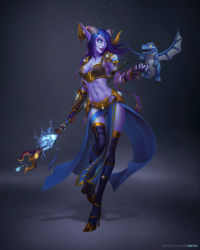 Rule 34 | 1girl, absurdres, blue eyes, blue hair, boots, bra, breasts, colored skin, dragon, elbow gloves, elf, fanfoxy, gloves, highres, holding, holding staff, horns, knee boots, large breasts, long hair, looking at viewer, pointy ears, purple footwear, purple hair, purple skin, purple thighhighs, smile, staff, thighhighs, underwear, void elf, warcraft, world of warcraft