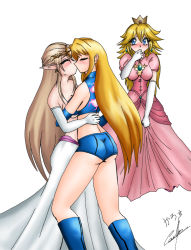 Rule 34 | 3girls, artist request, ass, back, bare shoulders, blonde hair, blue eyes, blush, boots, breasts, brown hair, closed eyes, crown, dress, elbow gloves, female focus, gloves, hand to own mouth, kiss, large breasts, long hair, mario (series), metroid, multiple girls, nintendo, princess peach, princess zelda, samus aran, simple background, super mario bros. 1, the legend of zelda, the legend of zelda: twilight princess, topless, watching, yuri