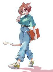 Rule 34 | 1girl, adjusting hair, belt, binder, brown hair, denim, female focus, furry, furry female, high-waist pants, highres, jeans, looking at viewer, open mouth, original, pants, plaid, plaid shirt, shadow, shirt, shirt tucked in, shoes, short hair, simple background, solo, tanishi (tanisi tanbo), walking, white background