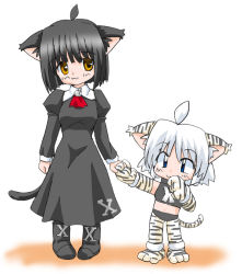 Rule 34 | 2girls, :3, ahoge, animal costume, animal ears, animal hands, animal print, black hair, blue eyes, cat ears, cat tail, gloves, multiple girls, orange eyes, os-tan, osx, panther, paw gloves, simple background, size difference, tail, tiger, tiger costume, tiger print, white hair, yellow eyes