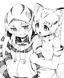 Rule 34 | 10s, 2girls, animal ears, bare shoulders, blush, bow, bowtie, cat ears, elbow gloves, gloves, greyscale, hands in pockets, highres, holding own arm, hood, hoodie, kemono friends, lineart, monochrome, multiple girls, ribbon, sand cat (kemono friends), seramikku, short hair, snake tail, striped clothes, striped hoodie, striped tail, tail, tsuchinoko (kemono friends)