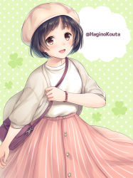 Rule 34 | 1girl, :d, bag, beret, black hair, brown eyes, brown hat, clover, commission, green background, grey jacket, hagino kouta, hat, jacket, looking at viewer, open clothes, open jacket, open mouth, original, pink skirt, puffy short sleeves, puffy sleeves, shirt, short hair, short sleeves, shoulder bag, skeb commission, skirt, smile, solo, striped clothes, striped skirt, twitter username, two-tone background, vertical-striped clothes, vertical-striped skirt, white background, white shirt