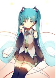 Rule 34 | 1girl, aqua eyes, aqua hair, black thighhighs, detached sleeves, from above, gradient background, hair between eyes, hatsune miku, headphones, headset, long hair, looking at viewer, lpip, necktie, on bed, sitting, skirt, sleeveless, solo, thighhighs, twintails, very long hair, vocaloid