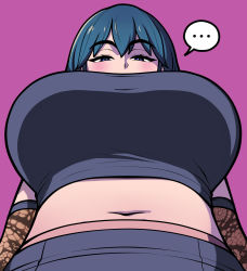 Rule 34 | ..., 1girl, blue eyes, blue hair, blush, breast focus, breasts, byleth (female) (fire emblem), byleth (fire emblem), elbow gloves, fire emblem, fire emblem: three houses, from below, gloves, highres, jam-orbital, large breasts, looking at viewer, looking down, midriff, navel, nintendo, pink background, shorts, solo, speech bubble, spoken ellipsis, stomach