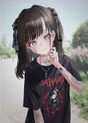 Rule 34 | 1girl, absurdres, arm tattoo, bad id, bad twitter id, black shirt, blush, bow, brown hair, child, cross, day, earrings, english text, facial tattoo, finger tattoo, gishiki (gshk), goth fashion, hair bow, hair intakes, hand on own chin, head tilt, heart, hexagram, highres, inverted cross, jewelry, looking at viewer, medium hair, multiple earrings, neck tattoo, necklace, original, outdoors, profanity, purple eyes, shirt, short sleeves, smile, solo, star of david, tattoo, translation request, upper body, yin yang