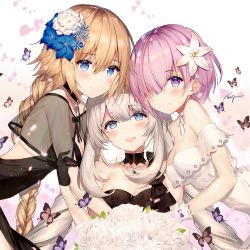 Rule 34 | 3girls, bare shoulders, blonde hair, blue eyes, blush, bouquet, braid, breasts, bug, butterfly, cleavage, dress, fate/grand order, fate (series), flower, girl sandwich, hair flower, hair ornament, hair over one eye, insect, jeanne d&#039;arc (fate), jeanne d&#039;arc (formal dress) (fate), jeanne d&#039;arc (ruler) (fate), long hair, looking at viewer, marie antoinette (fate), marie antoinette (formal dress) (fate), mash kyrielight, mash kyrielight (formal dress), medium breasts, multiple girls, necomi, official alternate costume, open mouth, purple eyes, purple hair, sandwiched, short hair, signature, silver hair, single braid, smile, twintails