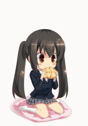 Rule 34 | 1girl, animated, animated gif, black hair, bread, eating, food, k-on!, kouji (campus life), long hair, melon bread, nakano azusa, no shoes, pillow, pleated skirt, school uniform, simple background, sitting, skirt, solo, twintails, white background