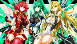 Rule 34 | 3girls, bare legs, bare shoulders, black gloves, blonde hair, breasts, chest jewel, cleavage, cleavage cutout, clothing cutout, dress, earrings, elbow gloves, fingerless gloves, gloves, green eyes, green hair, high heels, hisin, jewelry, large breasts, long hair, multiple girls, mythra (xenoblade), pneuma (xenoblade), ponytail, pyra (xenoblade), red eyes, red hair, red legwear, red shorts, short dress, short hair, short shorts, shorts, swept bangs, thigh strap, thighhighs, tiara, very long hair, white dress, white gloves, xenoblade chronicles (series), xenoblade chronicles 2, yellow eyes
