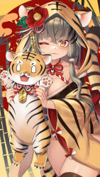 Rule 34 | 1girl, 2022, ;), animal, animal ears, animal print, bamboo, black thighhighs, brown hair, chinese zodiac, commentary request, fang, hair ornament, highres, holding, holding animal, hooded kimono, japanese clothes, kimono, long hair, long sleeves, looking at viewer, mitake eil, naked kimono, new year, one eye closed, open mouth, orange eyes, orange kimono, original, print kimono, skin fang, slit pupils, smile, solo, standing, tail, thighhighs, tiger, tiger ears, tiger girl, tiger print, tiger tail, wide sleeves, year of the tiger