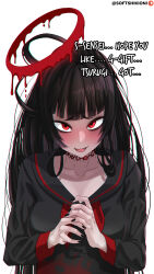 Rule 34 | 1girl, absurdres, bags under eyes, black hair, black nails, black serafuku, blood, blood halo, blue archive, blush, breasts, english text, facing down, halo, hands up, highres, liquid halo, long hair, looking at viewer, looking up, medium breasts, melting halo, messy hair, mixed-language commentary, nail polish, neckerchief, nervous, nervous smile, own hands together, red eyes, red halo, red neckerchief, school uniform, serafuku, smile, softshikioni, solo, tsurugi (blue archive), upper body, very long hair