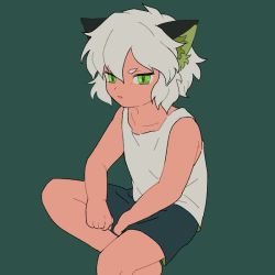 Rule 34 | 1boy, animal ears, black background, black shorts, cat boy, cat ears, child, green eyes, luo xiaohei, luo xiaohei (human), luo xiaohei zhanji, male focus, parted lips, short hair, shorts, simple background, sirakaro, solo, tank top, white hair, white tank top