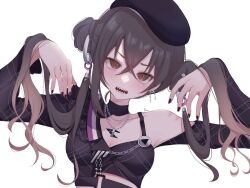 Rule 34 | 1girl, asymmetrical clothes, beret, black hair, black hat, blush, breasts, chain, chain necklace, cleavage, collarbone, detached hair, fingernails, hair between eyes, hat, head tilt, highres, idolmaster, idolmaster cinderella girls, jewelry, looking at viewer, medium breasts, mole, mole under eye, nail polish, necklace, ring hair ornament, ruuu db, sharp teeth, simple background, solo, sunazuka akira, teeth, twintails, upper body, white background