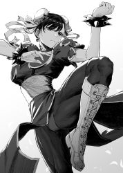 Rule 34 | 1girl, arm up, boots, bracelet, bun cover, capcom, china dress, chinese clothes, chun-li, clenched hand, closed mouth, commentary request, cross-laced footwear, double bun, dress, earrings, fighting stance, gradient background, greyscale, hair between eyes, hair bun, hair ribbon, hand up, highres, jewelry, knee boots, lace-up boots, leg up, looking away, monochrome, mugetsu2501, muscular, muscular female, pantyhose, pelvic curtain, puffy short sleeves, puffy sleeves, ribbon, sash, short hair, short sleeves, solo, spiked bracelet, spikes, standing, standing on one leg, street fighter, white background