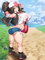 Rule 34 | 1girl, ass, baseball cap, blue eyes, breasts, brown hair, butt crack, cloud, cloudy sky, covered erect nipples, creatures (company), crop top, denim, denim shorts, game freak, grass, hat, highres, hilda (pokemon), holding, holding poke ball, kawahagitei, large breasts, long hair, looking at viewer, navel, nintendo, nipples, one eye closed, outdoors, perky breasts, pink bag, poke ball, poke ball (basic), poke ball print, pokemon, pokemon bw, ponytail, road, see-through, short shorts, shorts, sky, sleeveless, smile, solo, tank top, underboob, white tank top, wink, wristband