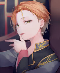 Rule 34 | 1boy, blonde hair, blurry, blurry background, brown eyes, commentary, depth of field, earrings, grey jacket, hand up, jacket, jewelry, kuroi (liar-player), licking, licking finger, long sleeves, looking at viewer, male focus, multicolored hair, official alternate costume, orange hair, project sekai, round window, saikou no crank up! (project sekai), shinonome akito, solo, streaked hair, twitter username, upper body, window