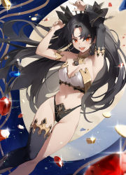 Rule 34 | 1girl, absurdres, armlet, armpits, arms up, bikini, black hair, breasts, cleavage, coin, earrings, fate/grand order, fate (series), floating hair, gem, gold, highres, hoop earrings, ishtar (fate), ishtar (fate), jewelry, long hair, medium breasts, mismatched bikini, navel, neck ribbon, open mouth, red eyes, ribbon, red gemstone, single sleeve, single thighhigh, single wrist cuff, smile, solo, star741, swimsuit, symbol-shaped pupils, thighhighs, thighlet, tiara, very long hair, wrist cuffs