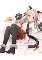 Rule 34 | 1girl, amafuyu, animal ears, animal hands, bad id, bad pixiv id, bare arms, bare shoulders, bell, black thighhighs, blush, breasts, cat ears, cat paws, cat tail, dangerous beast (illya), fate/grand order, fate/kaleid liner prisma illya, fate/stay night, fate (series), feet, female focus, gloves, highres, illyasviel von einzbern, jingle bell, lying, official alternate costume, on back, paw gloves, ribbon, silver hair, solo, tail, thighhighs