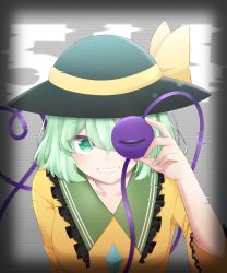 Rule 34 | 1girl, bad id, bad pixiv id, black hat, clenched teeth, dated, doescat2, eyeball, green eyes, green hair, grey background, hat, heart, heart of string, highres, komeiji koishi, looking at viewer, short hair, smile, solo, teeth, third eye, touhou, upper body, wide sleeves