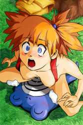 Rule 34 | blue eyes, blush, breasts, cowgirl position, creatures (company), game freak, gen 1 pokemon, girl on top, mg (h-f), misty (pokemon), nintendo, nipples, nude, open mouth, orange hair, outdoors, pokemon, pokemon (creature), poliwhirl, ponytail, sex, short hair, small breasts, straddling, vaginal