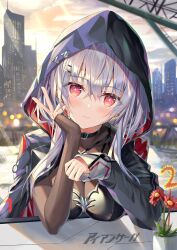 Rule 34 | 1girl, absurdres, blush, breasts, building, choker, city, closed mouth, elena (iron saga), flower, hand up, head rest, highres, hood, hoodie, iron saga, long hair, looking at viewer, medium breasts, red eyes, rin yuu, second-party source, sitting, solo, white hair