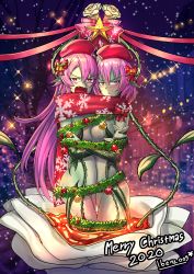 Rule 34 | &gt;:(, 2girls, absurdres, alraune, anna (ibenz009), annoyed, bell, blush, bow, christmas, christmas ornaments, colored skin, commentary, dated, english commentary, fang, flower, green skin, hat, highres, holly, huge filesize, ibenz009, leaf, liliraune (monster girl encyclopedia), long hair, long pointy ears, lucia (ibenz009), medium hair, mistletoe, monster girl, monster girl encyclopedia, monster girl encyclopedia ii, multiple girls, nectar, open mouth, original, plant, plant girl, pointy ears, purple hair, red eyes, scarf, signature, snow, snowflake print, star (symbol), vines