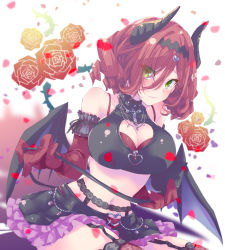Rule 34 | 1girl, arm garter, armpit crease, assault lily, bare shoulders, bat wings, black horns, black shirt, black skirt, black wings, blurry, blurry background, blush, breasts, brown thighhighs, cleavage, cleavage cutout, closed mouth, clothing cutout, collarbone, commentary, cowboy shot, crop top, demon costume, demon horns, demon tail, drill hair, elbow gloves, fake horns, fake tail, fake wings, falling petals, floral background, floral print, frilled skirt, frills, garter belt, gloves, green eyes, hair between eyes, halloween costume, halterneck, hands up, hatsukano you, heart, heart cutout, heart necklace, highres, holding own tail, horns, jewelry, large breasts, long bangs, looking at viewer, low wings, medium hair, midriff, miniskirt, naridon, navel, necklace, official alternate costume, pendant, petals, print gloves, print thighhighs, raised eyebrows, red gloves, red hair, rose print, shirt, sitting, skirt, sleeveless, sleeveless shirt, solo, stomach, tail, thighhighs, tiara, white background, wings