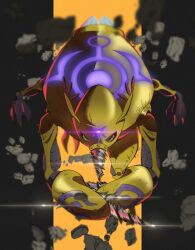 Rule 34 | debris, digimon, digimon (creature), digmon, drill, exoskeleton, green eyes, highres, looking at viewer, rock, solo