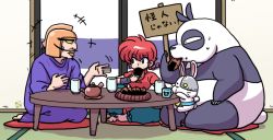 Rule 34 | animal, blue eyes, braid, character request, chinese clothes, father and daughter, genderswap, genderswap (mtf), indian style, panda, ranma-chan, ranma 1/2, red hair, saotome genma, saotome ranma, single braid, sitting, table, tagme, tangzhuang, wanta (futoshi)