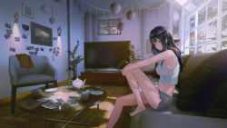 Rule 34 | 1girl, aqua shirt, armchair, armpits, bare arms, bare legs, bare shoulders, barefoot, black hair, black shorts, breasts, chair, commentary, couch, crop top, cup, denki, english commentary, english text, expressionless, flat screen tv, grey shorts, indoors, knee up, lamp, long hair, looking at viewer, looking to the side, medium breasts, midriff, on couch, original, photo (object), picture frame, pillow, plant, potted plant, red eyes, saucer, shirt, short shorts, shorts, sitting, sleeveless, sleeveless shirt, solo, table, tank top, teacup, teapot, television, thighs, window