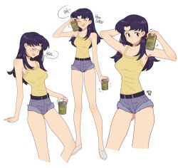 Rule 34 | 1girl, artist name, beer can, belt, black belt, blush, breasts, can, closed mouth, denim, denim shorts, drink can, drunk, full body, happy, highres, holding, holding can, katsuragi misato, legs, medium breasts, multiple views, neon genesis evangelion, netapai1, open mouth, purple hair, shorts, simple background, variations, white background