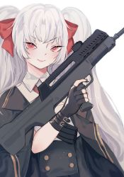 Rule 34 | 1girl, artia, assault rifle, bullpup, cosplay, girls&#039; frontline, gun, highres, holding, holding gun, holding weapon, hololive, hololive china, lankie, long hair, looking at viewer, qbz-97, red eyes, rifle, solo, two side up, type 97 (girls&#039; frontline), type 97 (girls&#039; frontline) (cosplay), very long hair, virtual youtuber, weapon, white background, white hair