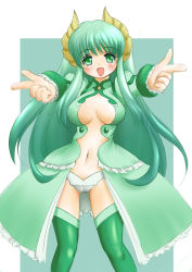 Rule 34 | 00s, breasts, falce, ginjyasei, green eyes, green hair, horns, large breasts, long hair, magician&#039;s academy, navel, outstretched arms, panties, smile, solo, spread arms, thighhighs, underwear