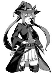 Rule 34 | 1girl, bandaid, bandaid on face, belt, boots, cloak, closed mouth, collared shirt, commentary, cropped legs, greyscale, hands on own hips, hat, horse girl, long hair, long sleeves, looking at viewer, miniskirt, monochrome, necktie, pleated skirt, reon (dainagon azuki), shirt, skirt, smile, solo, split mouth, sweep tosho (umamusume), thigh boots, twintails, umamusume, v-shaped eyebrows, witch hat