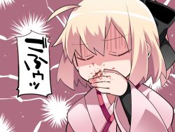 Rule 34 | 1girl, ahoge, blood, blood splatter, bow, coughing blood, covering own mouth, fate/grand order, fate (series), gloom (expression), hair bow, hair ribbon, half updo, hammer (sunset beach), japanese clothes, light brown hair, long hair, looking at viewer, okita souji (fate), okita souji (koha-ace), ponytail, ribbon, solo, translation request