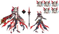Rule 34 | 1girl, alternate eye color, alternate hair color, breasts, character sheet, cleavage, dark persona, full body, hair between eyes, high heels, highres, ipsum, leg tattoo, looking at viewer, multiple views, navel, official art, pointy ears, stomach tattoo, tattoo, valkyrie connect, weapon, white background