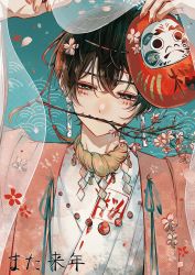 Rule 34 | 1boy, absurdres, aqua background, aqua eyes, black hair, blue background, branch, branch in mouth, cherry blossoms, facial mark, flower, half-closed eyes, highres, japanese clothes, jewelry, kimono, looking at viewer, male focus, necklace, original, pink flower, seigaiha, short hair, solo, spring (season), yoichi e