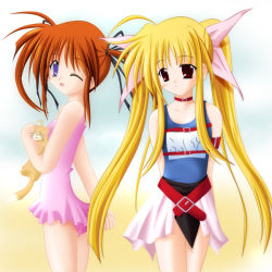 Rule 34 | 00s, 2girls, arms behind back, belt, blonde hair, blue eyes, casual one-piece swimsuit, fate testarossa, ferret, frilled swimsuit, frills, long hair, looking back, lyrical nanoha, mahou shoujo lyrical nanoha, multiple girls, name tag, no shirt, one-piece swimsuit, one eye closed, orange hair, purple eyes, red eyes, school swimsuit, skirt, swimsuit, swimsuit under clothes, takamachi nanoha, twintails, very long hair, wink, yuuno scrya