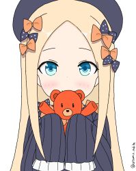 Rule 34 | 1girl, abigail williams (fate), absurdres, atsumisu, bad id, bad pixiv id, black bow, black dress, black hat, blonde hair, blue eyes, blush, bow, closed mouth, commentary request, dress, fate/grand order, fate (series), forehead, hair bow, hat, highres, holding, holding stuffed toy, long hair, long sleeves, orange bow, parted bangs, polka dot, polka dot bow, simple background, sleeves past fingers, sleeves past wrists, smile, solo, stuffed animal, stuffed toy, teddy bear, twitter username, very long hair, white background