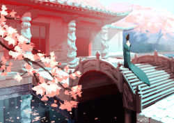 Rule 34 | 1girl, architecture, artist name, bridge, building, cherry blossoms, dress, east asian architecture, flower, from behind, green dress, house, japanese clothes, kimono, long dress, original, outdoors, petals, pillar, reflection, ripples, river, scenery, short hair, shrine, solo, stairs, standing, toraji, tree, walking, water