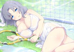 Rule 34 | 1girl, ass, betterthanbone2, blue eyes, bow, breasts, bubble, cleavage, day, dress, grass, grey hair, hair bow, highres, holding tennis racket, large breasts, light blush, looking at viewer, lying, medium hair, midriff, on grass, on side, open mouth, outdoors, racket, senran kagura, sparkle, striped bow, sunlight, sweat, tennis court, tennis dress, tennis net, tennis racket, tennis skirt, water, white bow, white dress, yumi (senran kagura)