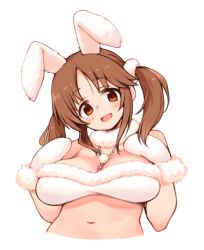Rule 34 | 1girl, :d, animal ears, bandeau, bare shoulders, blush, breasts, breasts apart, brown hair, fake animal ears, fur collar, fur trim, head tilt, idolmaster, idolmaster cinderella girls, jewelry, large breasts, looking at viewer, mittens, moru (monaka), navel, necklace, open mouth, orange eyes, parted bangs, pendant, rabbit ears, sidelocks, simple background, smile, solo, stomach, totoki airi, twintails, upper body, white background, white bandeau