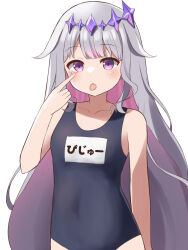Rule 34 | 1girl, akanbe, alternate costume, black one-piece swimsuit, character name, colored inner hair, eyelid pull, female focus, grey hair, hair flaps, highres, hololive, hololive english, jewel under eye, koseki bijou, long hair, looking at viewer, multicolored hair, nero (starlightbrakerexfb), one-piece swimsuit, pink hair, purple eyes, school swimsuit, solo, swimsuit, tongue, tongue out, upper body, very long hair, virtual youtuber, white background