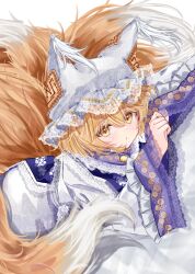 Rule 34 | 1girl, animal ears, animal hat, blonde hair, blue tabard, blush, commentary request, dress, fox ears, fox tail, hair between eyes, hat, highres, kitsune, kyuubi, long sleeves, looking at viewer, mob cap, multiple tails, sarasadou dan, short hair, simple background, slit pupils, solo, tabard, tail, touhou, white background, white dress, wide sleeves, yakumo ran, yellow eyes