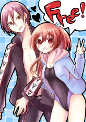 Rule 34 | 10s, 1boy, 1girl, :d, ayuko (ayuco), bad id, bad pixiv id, black jammers, black male swimwear, brother and sister, competition swimsuit, copyright name, free!, heart, holding another&#039;s arm, hood, hoodie, jacket, jammers, long hair, male swimwear, matsuoka gou, matsuoka rin, one-piece swimsuit, open clothes, open hoodie, open jacket, open mouth, ponytail, red eyes, red hair, sharp teeth, short hair, siblings, smile, speech bubble, swimsuit, teeth, v