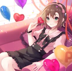 1girl balloon black_bow blush bow bracelet brooch brown_hair candy confetti couch food green_eyes headband heart heart-shaped_food heart-shaped_lollipop heart_balloon holding holding_candy holding_food holding_lollipop idolmaster idolmaster_cinderella_girls jewelry lollipop looking_at_viewer pink_headband rocomani shaped_lollipop short_hair smile solo tada_riina window