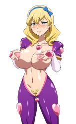 Rule 34 | 10s, 1girl, blonde hair, blue eyes, blush, breasts, censored, cleft of venus, female focus, female pubic hair, heart, hokuto (tokuho), jewelry, kakumeiki valvrave, large breasts, long hair, looking at viewer, navel, necklace, ninomiya takahi, nipples, nude, pointless censoring, pubic hair, pussy, smile, solo, standing