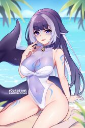 Rule 34 | 1girl, arm support, beach, bell, black hair, breasts, closed mouth, collar, day, grey hair, highres, indie virtual youtuber, large breasts, long hair, looking at viewer, multicolored hair, neck bell, one-piece swimsuit, outdoors, purple eyes, r0cketcat, shylily, shylily (3rd costume), smile, solo, swimsuit, tail, tongue, tongue out, virtual youtuber, white hair, white swimsuit