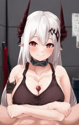 Rule 34 | 1boy, 1girl, absurdres, arknights, arm strap, artist name, bare arms, bare shoulders, blush, breasts, cleavage, collar, collarbone, completely nude, covered erect nipples, dated, hammer, hetero, highres, horns, indoors, large breasts, long hair, looking at viewer, material growth, mudrock (arknights), nude, oripathy lesion (arknights), oza osuwari, paizuri, paizuri under clothes, penis, penis under another&#039;s clothes, pointy ears, red eyes, silver hair, solo focus, sports bra, spread legs, upper body, very long hair