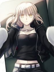 Rule 34 | 1girl, :&lt;, animal, artoria pendragon (all), artoria pendragon (fate), belt, belt buckle, black jacket, black shirt, breasts, buckle, cavall the 2nd, dog, closed eyes, fate/grand order, fate (series), highres, jacket, looking at viewer, lying, official alternate costume, saber alter, saber alter (ver. shinjuku 1999) (fate), shirt, shoori (migiha), short hair, shorts, silver hair, v-shaped eyebrows, white belt, white dog, yellow eyes